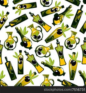 Green bottles of healthful olive oil seamless pattern over white background adorned by black olive fruits and fresh leaves. Vegetarian food theme, cooking or kitchen interior accessories design. Olive oil bottles seamless pattern