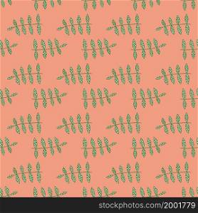 Green branch seamless pattern on orange background. Abstract floral ornament. Simple botanical backdrop. Design for fabric , textile print, surface, wrapping, cover. Vector illustration.. Green branch seamless pattern on orange background. Abstract floral ornament. Simple botanical backdrop.