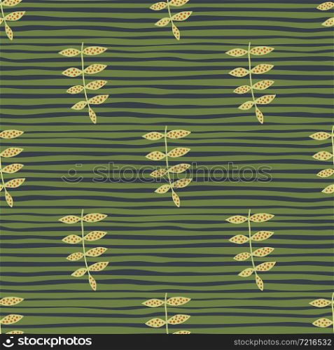 Green branch seamless pattern on stripe background. Vintage floral ornament. Retro botanical backdrop. Design for fabric , textile print, surface, wrapping, cover. Vector illustration.. Green branch seamless pattern on stripe background. Vintage floral ornament. Retro botanical backdrop.