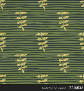 Green branch seamless pattern on stripe background. Vintage floral ornament. Retro botanical backdrop. Design for fabric , textile print, surface, wrapping, cover. Vector illustration.. Green branch seamless pattern on stripe background. Vintage floral ornament. Retro botanical backdrop.