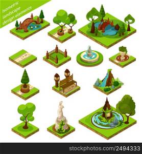 Green brown and blue isometric 3d landscape design elements for beautiful garden isolated vector illustration. Isometric Landscape Design Elements