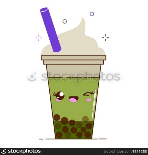 Green bubble milk tea ads with delicious tapioca black pearls. Cute bubble tea kawaii smiled character. Taiwanese famous and popular drink Boba. Cartoon flat vector icon isolated on white background.. Green bubble milk tea ads with delicious tapioca black pearls. Cute bubble tea kawaii smiled character. Taiwanese famous and popular drink Boba. Cartoon flat vector icon.