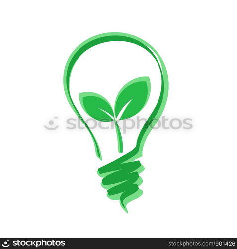 green bulb with plant leaf, green energy concept, stock vector illustration