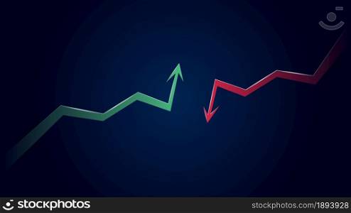 Green bullish and red bearish trend arrows opposite each other on dark blue background. Vector illustration.