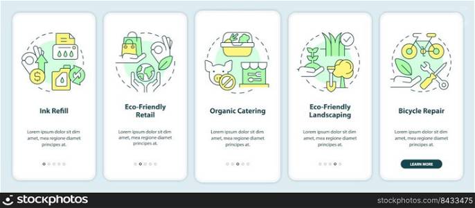 Green business ideas onboarding mobile app screen. Walkthrough 5 steps editable graphic instructions with linear concepts. UI, UX, GUI template. Myriad Pro-Bold, Regular fonts used. Green business ideas onboarding mobile app screen