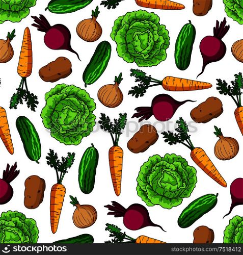 Green cabbage and cucumber, sweet carrot and beet, ripe onion and potato vegetables seamless pattern over white background. Agriculture and farm market themes design. Seamless healthy farm vegetables pattern
