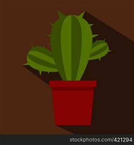 Green cactus in red pot icon. Flat illustration of green cactus in red pot vector icon for web isolated on coffee background. Green cactus in red pot icon, flat style