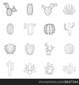 Green cactuses set icons in outline style isolated on white background. Green cactuses icon set outline
