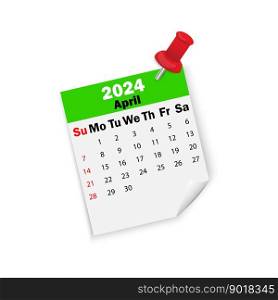green calendar 2024 April on pin. Vector illustration. EPS 10.. green calendar 2024 April on pin. Vector illustration.