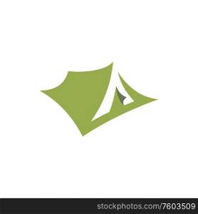 Green camping tent isolated icon. Vector triangle tourist shelter, hiking outdoor tourists temporary house. Triangle tourist tent isolated icon