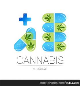 Green Cannabis in the tablet pill capsule with cross vector logotype for medicine and doctor. Medical marijuana symbol. Pharmaceuticals with plant and leaf for health. Concept sign of green herb. Green Cannabis in the tablet pill capsule with cross vector logotype for medicine and doctor. Medical marijuana symbol. Pharmaceuticals with plant and leaf for health. Concept sign of green herb.