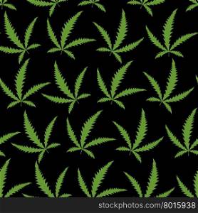 Green Cannabis leafs on a black background seamless pattern.&#xA;