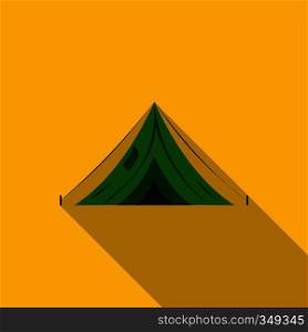 Green canvas tent icon in flat style on a yellow background. Green canvas tent icon, flat style