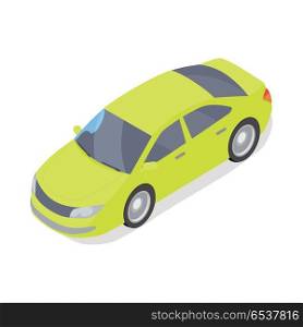 Green car isometric projection icon. Personal passenger automobile vector illustration isolated on white background. City transport. For game environment, traffic infographics, logo, web design. Personal Car Vector Icon in Isometric Projection . Personal Car Vector Icon in Isometric Projection