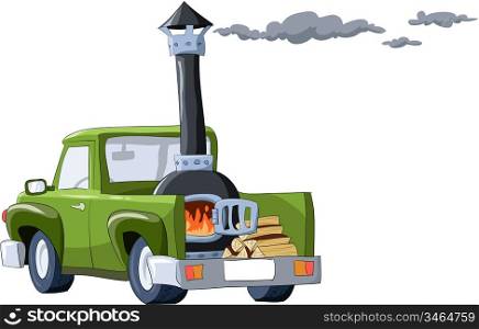 Green car on the wood, vector illustration