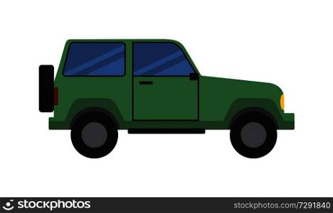 Green car side view icon, sport utility off-road vehicle isolated on white background, automobile with wheel at the back vector illustration. Jeep Green Sport Off-Road Car Side View Icon