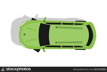 Green Car Top View Flat Design Vector Illustration. Green car from top view vector illustration. Flat design auto. Illustration for transport concepts, car infographic, icons or web design. Delivery automobile. Isolated on white background