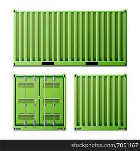 Green Cargo Container Vector. Freight Shipping Container Concept. Logistics, Transportation Mock Up. Front And Back Sides. Isolated On White Background Illustration. Cargo Container Vector. Classic Cargo Container. Freight Shipping Concept. Logistics, Transportation Mock Up. Front And Back Sides. Isolated On White Background Illustration