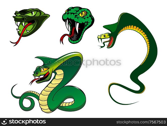 Green cartoon angry snake characters for animal, tattoo and mascot design