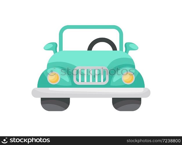 Green cartoon car front view isolated on white background, colorful automobile flat style, simple design. Flat cartoon colorful vector illustration.