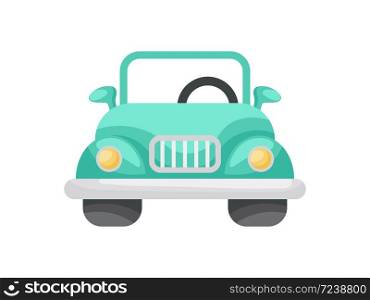 Green cartoon car front view isolated on white background, colorful automobile flat style, simple design. Flat cartoon colorful vector illustration.
