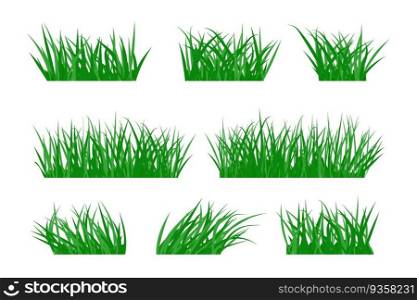 Green cartoon grass in bunches, clusters. Elements for various summer themed designs. Ready template isolated on white background. Cartoon grass set, bunches of various sizes