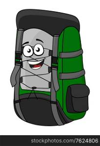 Green cartoon rucksack or backpack with a big happy laughing smile for hiking and adventure isolated on white. Green cartoon rucksack or backpack