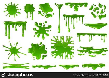 Green cartoon slime. Goo blob splashes, sticky dripping mucus. Slimy drops, messy borders for halloween banners isolated vector spooky toxic drip texture set. Green cartoon slime. Goo blob splashes, sticky dripping mucus. Slimy drops, messy borders for halloween banners isolated vector set