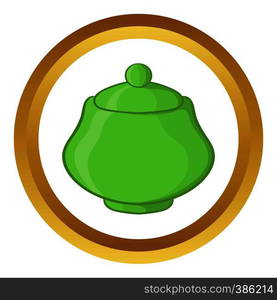 Green ceramic sugar bowl vector icon in golden circle, cartoon style isolated on white background. Green ceramic sugar bowl vector icon