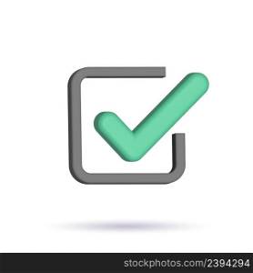 Green check mark 3d vector icon. Agreement symbol of user approval and trust. Positive online voting and successful testing.. Green check mark 3d vector icon. Agreement symbol of user approval. Positive online voting and successful testing.