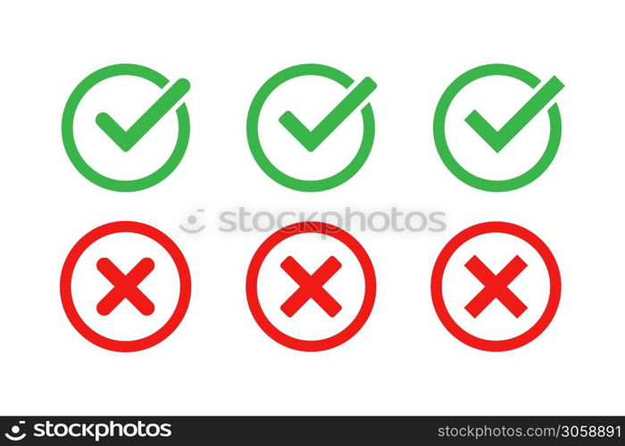 Green check mark and red cross icon set. Vector isolated elements. Tick approved symbol. Stock vector. EPS 10