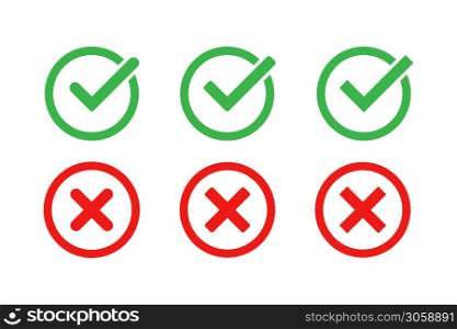 Green check mark and red cross icon set. Vector isolated elements. Tick approved symbol. Stock vector. EPS 10