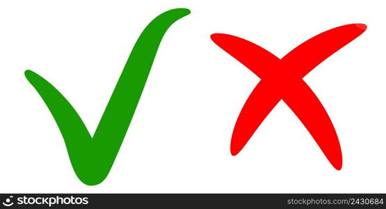 green check mark, ok sign of approval, right choice, red cross sign reject, vector tick and cross hand drawn calligraphic brush