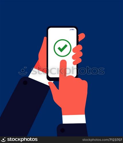 Green check mark on smartphone screen. Online survey, questionnaire web application. Success payment vector concept. Smartphone mobile with check tick mark illustration. Green check mark on smartphone screen. Online survey, questionnaire web application. Success payment vector concept