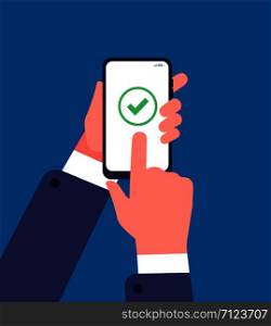 Green check mark on smartphone screen. Online survey, questionnaire web application. Success payment vector concept. Smartphone mobile with check tick mark illustration. Green check mark on smartphone screen. Online survey, questionnaire web application. Success payment vector concept