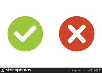 Green check mark, red cross mark icon set. Isolated tick symbols, checklist signs, approval badge. Flat and modern checkmark design, vector illustration.. Green check mark, red cross mark icon set.