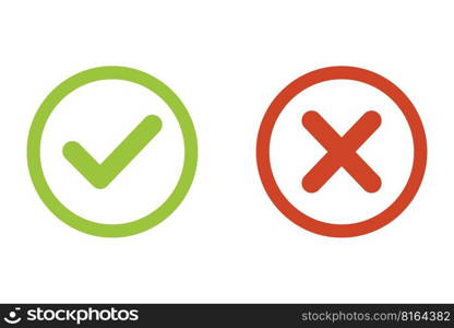 Green check mark, red cross mark icon set. Isolated tick symbols, checklist signs, approval badge. Flat and modern checkmark design, vector illustration.. Green check mark, red cross mark icon set.