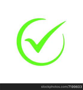 Green checkmark symbol, vector icon of completed tick in circle isolated on white background. Check approved sign yes concept.