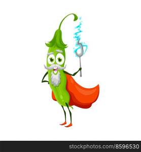 Green chili pepper vegetable wizard with magic wand in cape isolated cartoon character. Vector cute veggie with beard and mustaches on face, kids children farm food. Smiling emoticon fairy sorcerer. Magician chili pepper vegetable, veggie wizard