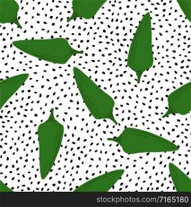 Green chili peppers seamless pattern on dotted background. Pepper hand drawn wallpaper. Vector illustration. Green chili peppers seamless pattern on dotted background.