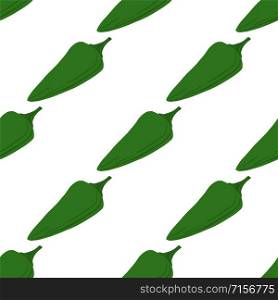 Green chili peppers seamless pattern on white background. Pepper hand drawn wallpaper. Simple design for fabric, textile print, wrapping paper, textile, restaurant menu. Vector illustration. Green chili peppers seamless pattern on white background.