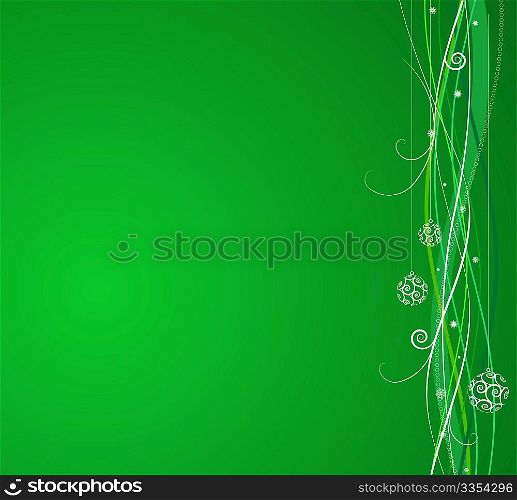 Green Christmas background: composition of curved lines and snowflakes - great for backgrounds, or layering over other images