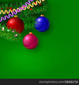 Green Christmas background with branches of trees, serpentine, confetti and decorations. Vector illustration.