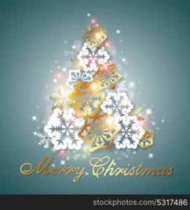 Green Christmas background with golden and white snowflakes. Decorative Christmas tree from snowflakes.
