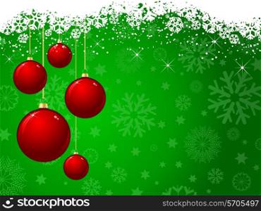 Green Christmas background with red hanging baubles