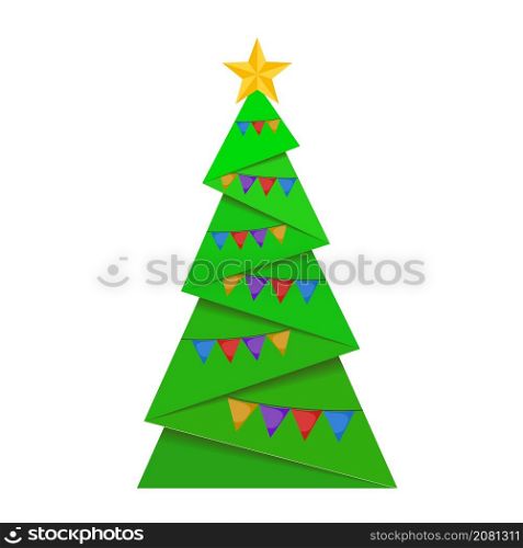 Green christmas paper tree with flag garland and golden star on top, stock vector illustration design for greeting card