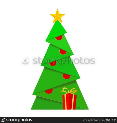 Green christmas paper tree with golden star on top, balls and gift