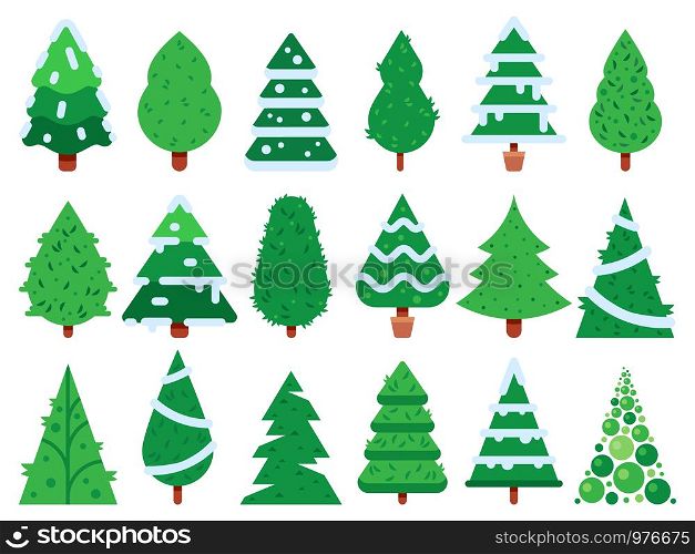 Green christmas tree. Simple Xmas trees shape, nature fir unusual trees template for new year greeting card or eve garland decoration holiday simple isolated vector icon set. Green christmas tree. Simple Xmas trees shape, nature fir isolated vector icon set