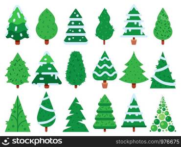 Green christmas tree. Simple Xmas trees shape, nature fir unusual trees template for new year greeting card or eve garland decoration holiday simple isolated vector icon set. Green christmas tree. Simple Xmas trees shape, nature fir isolated vector icon set