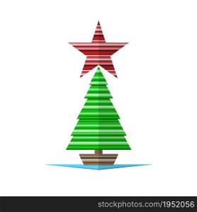 Green Christmas tree with a big red star on a white background.